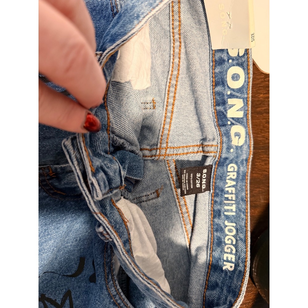 SONG Graffiti Jogger Jeans Women's Size 3/26 Blue Denim Elastic Waist Art - Picture 9 of 10